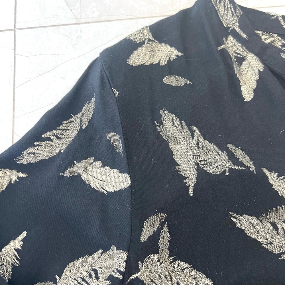 JOHNNY WAS Workshop Black Metallic Gold Feathers Embroidered Hem Mini Dress Sz L - Picture 12 of 16
